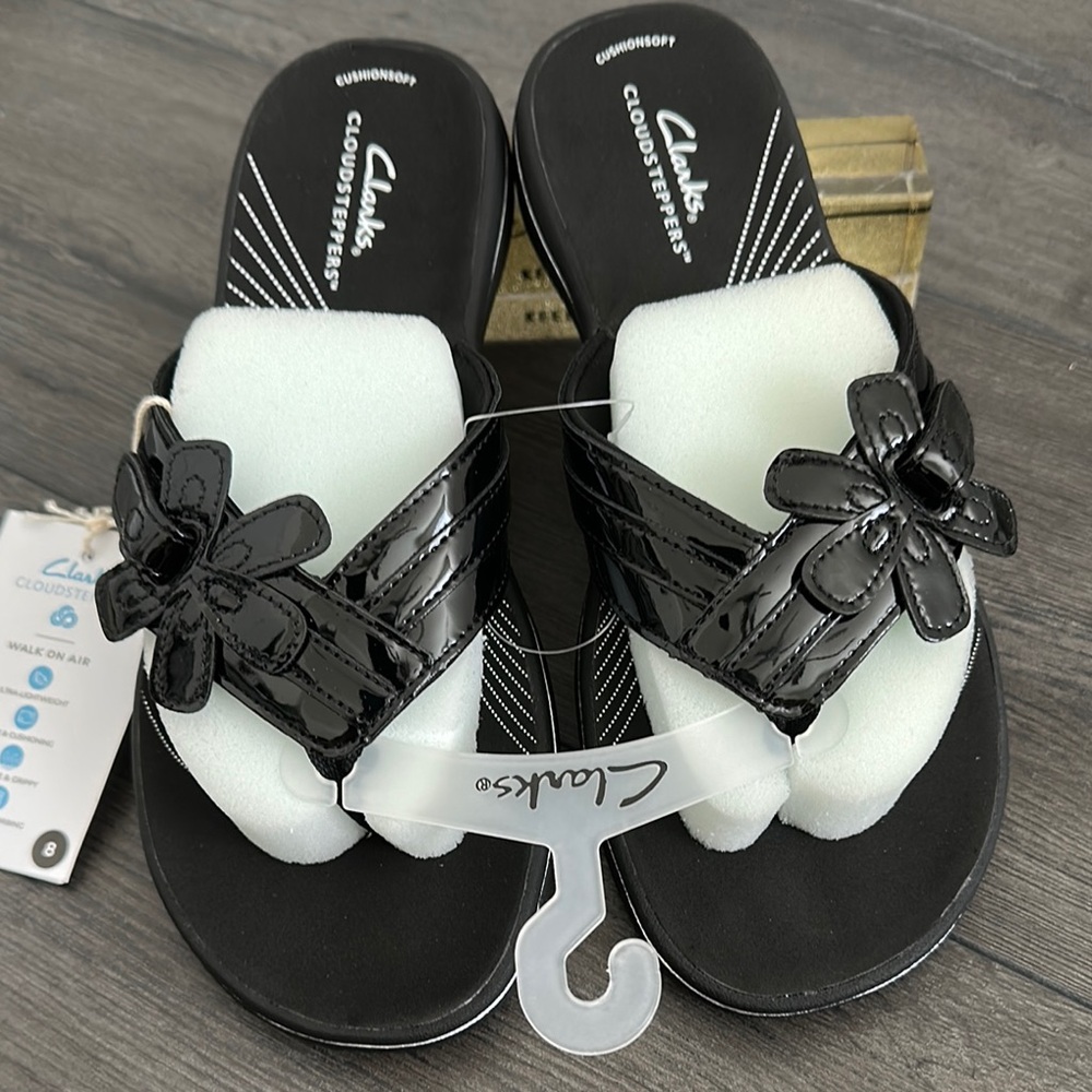 Clarks Black Sandals with Floral Design